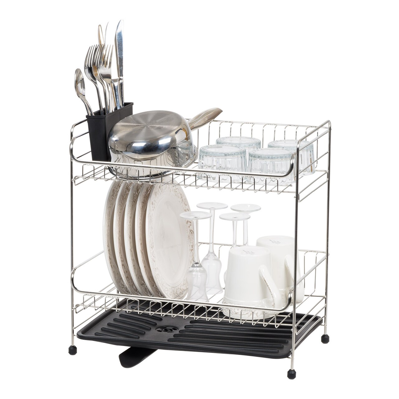 IRIS USA 2-tier Medium-sized Dish Rack with Drain Spout, Dish Rack and Drainer, Black